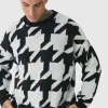 boohooMAN Tall Fluffy Knit Houndstooth Sweatshirt | Knitwear | Going Out Knitwear