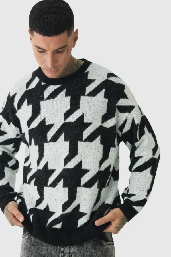 boohooMAN Tall Fluffy Knit Houndstooth Sweatshirt | Knitwear | Going Out Knitwear