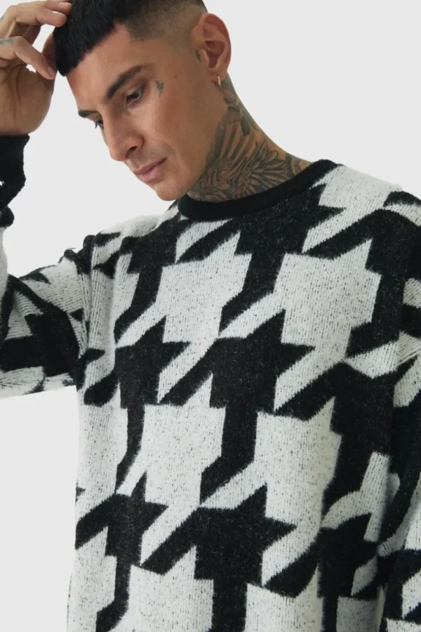 boohooMAN Tall Fluffy Knit Houndstooth Sweatshirt | Knitwear | Going Out Knitwear