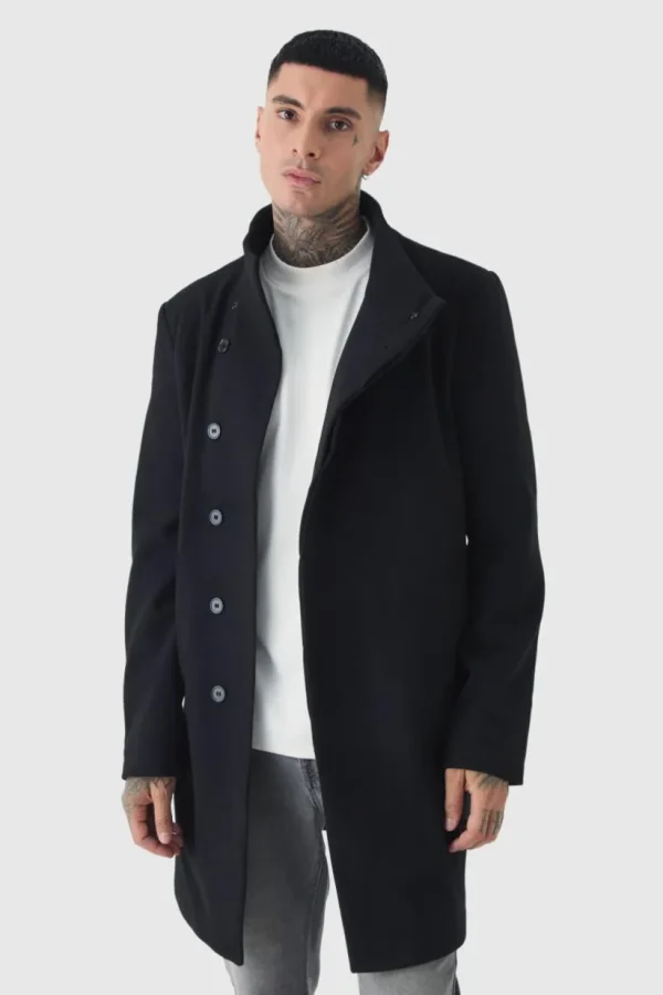 boohooMAN Tall Funnel Neck Wool Look Overcoat in | Man | Coats & Jackets