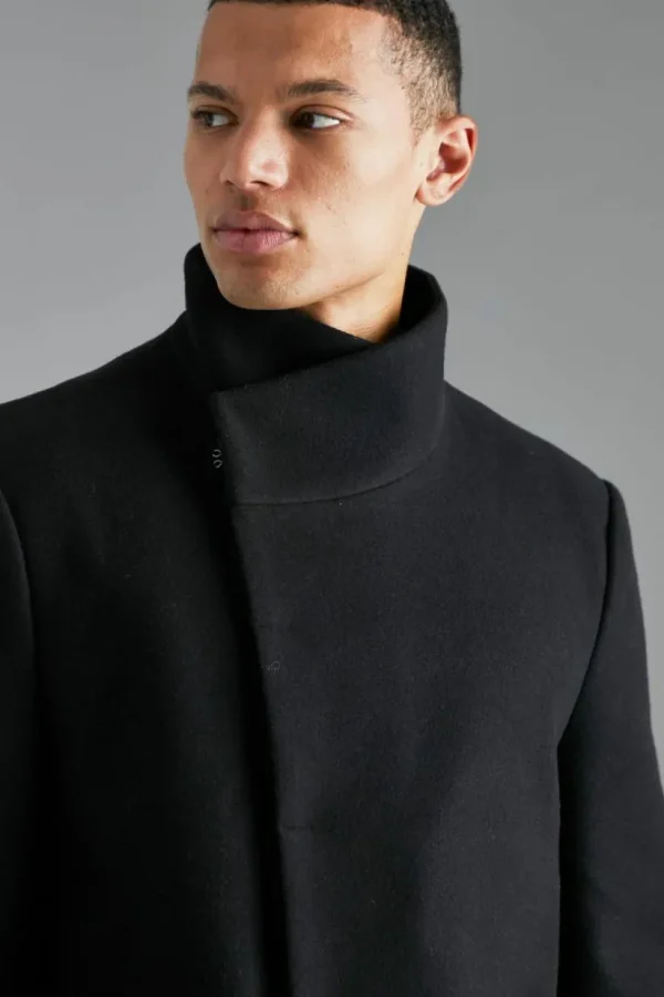 boohooMAN Tall Funnel Neck Wool Look Overcoat in | Man | Coats & Jackets