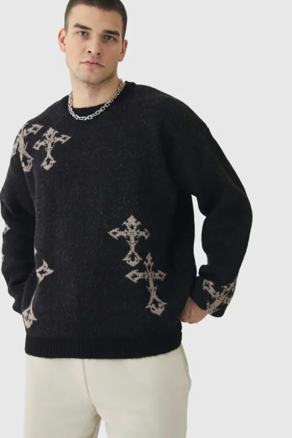 boohooMAN Tall Gothic Cross Oversized Fluffy Knitted Sweat | Knitwear | Going Out Knitwear