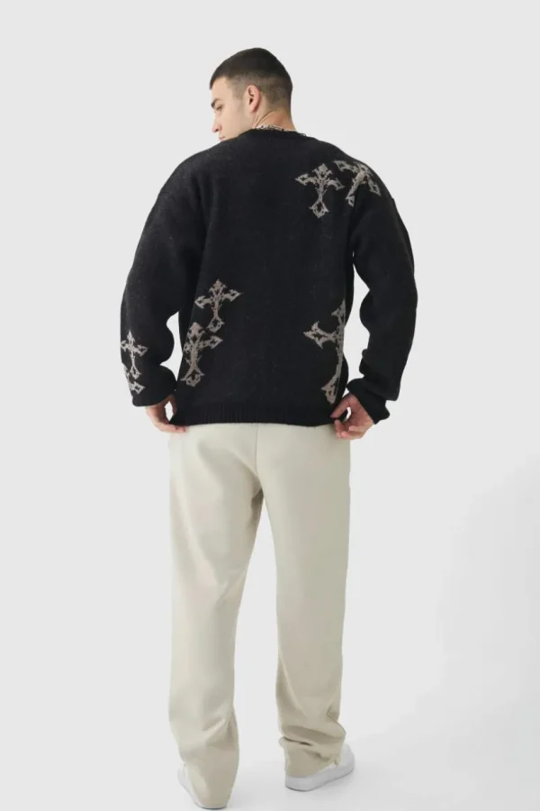 boohooMAN Tall Gothic Cross Oversized Fluffy Knitted Sweat | Knitwear | Going Out Knitwear