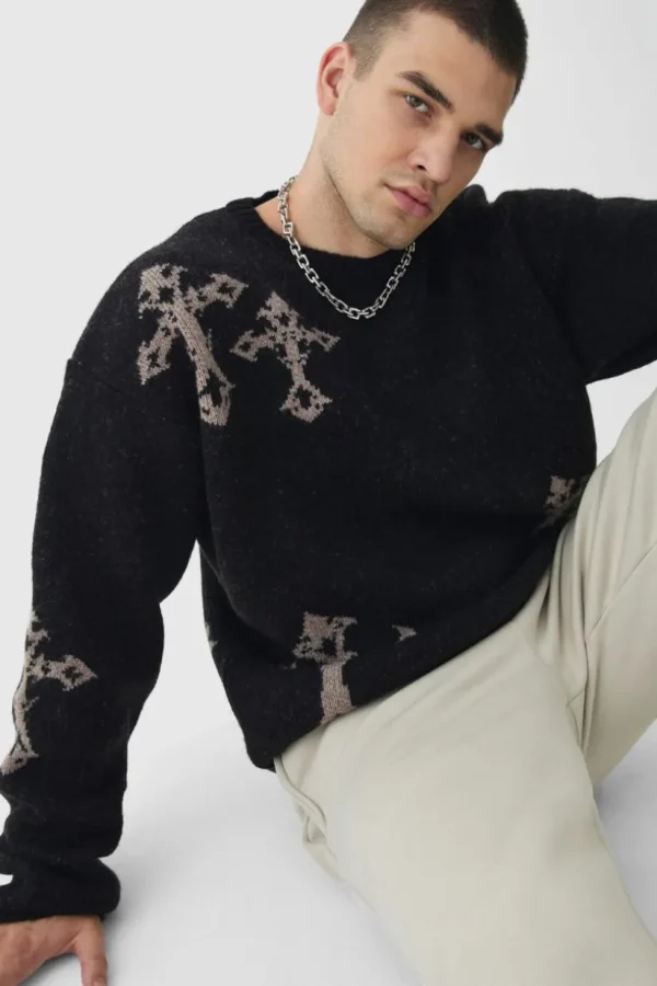 boohooMAN Tall Gothic Cross Oversized Fluffy Knitted Sweat | Knitwear | Going Out Knitwear