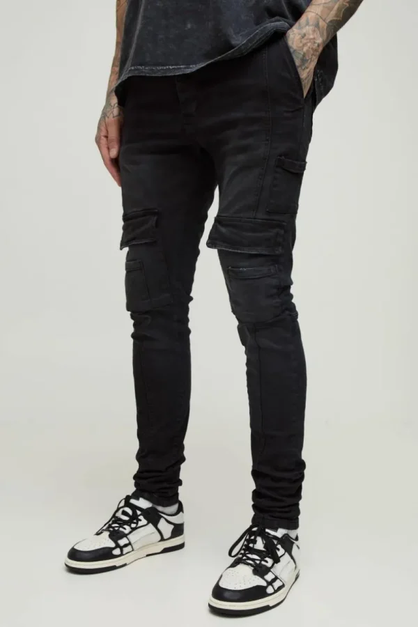 boohooMAN Tall Heavyweight Skinny Fit Cargo Trousers | Trousers