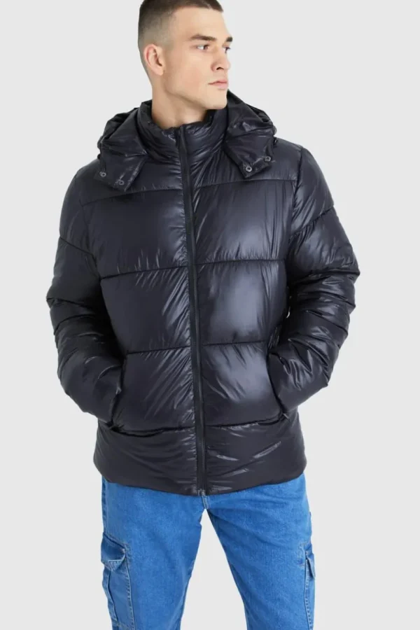 boohooMAN Tall Hooded High Shine Puffer Jacket in | Man | Coats & Jackets