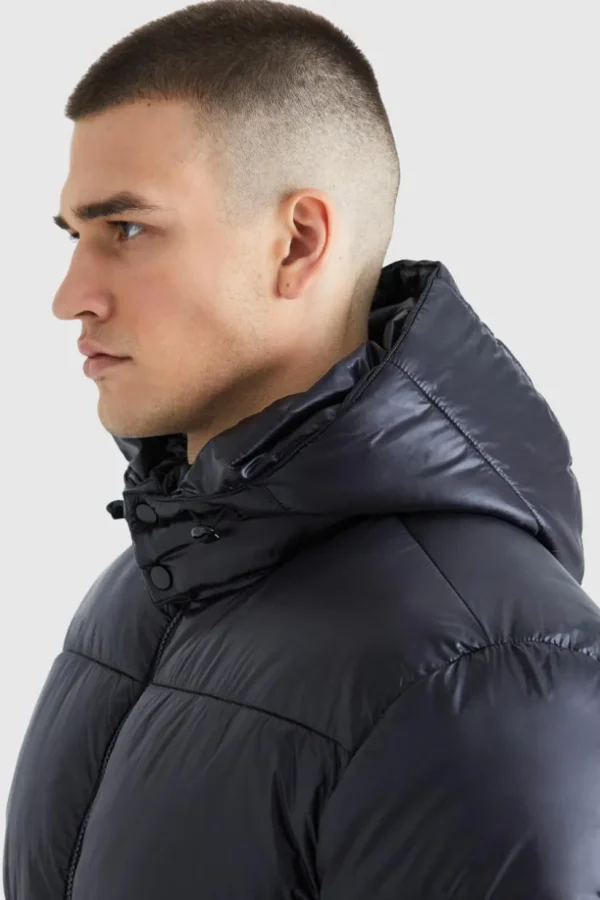 boohooMAN Tall Hooded High Shine Puffer Jacket in | Man | Coats & Jackets