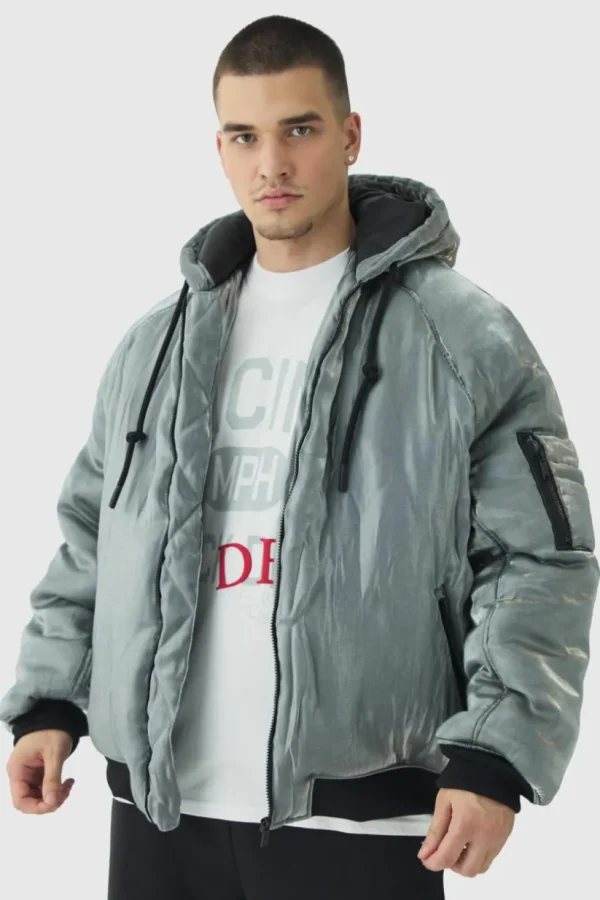 boohooMAN Tall Liquid Metallic Hooded Padded Bomber Jacket | Coats & Jackets