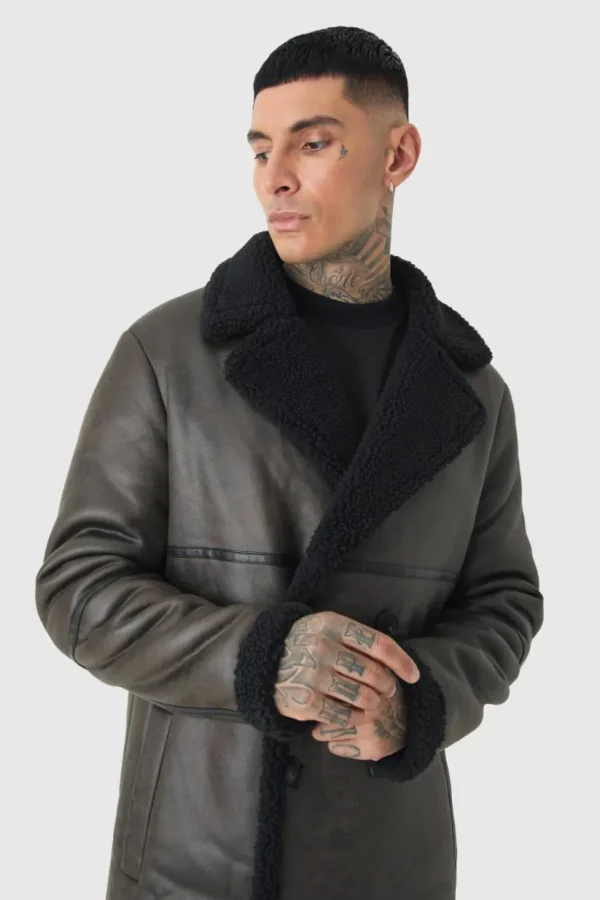 boohooMAN Tall Longline Double Breasted Aviator Jacket In | Man