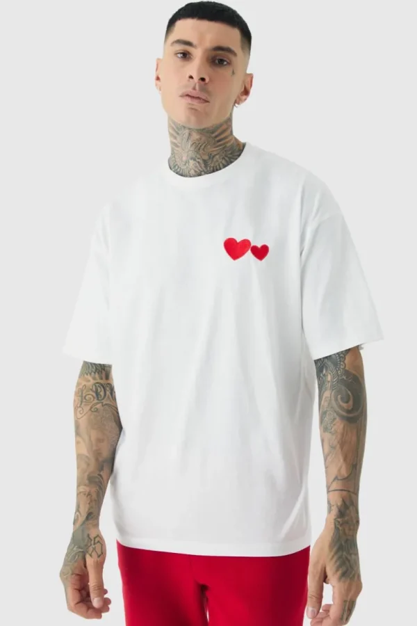 boohooMAN Tall Love Heart Embroidered T-shirt In | T-Shirts