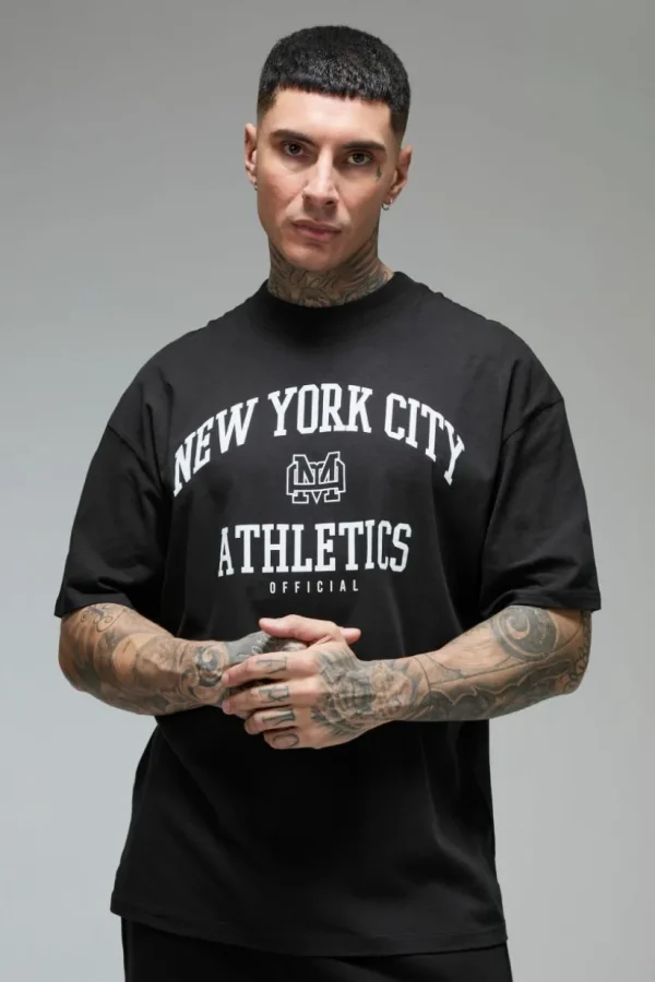 boohooMAN Tall Man Active New York City Athletics' Oversized Extended Neck T-shirt | Gym T-Shirts & Vests | Gym Clothes