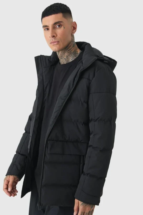 boohooMAN Tall Mid Length Hooded Puffer Jacket In | Man | Coats & Jackets