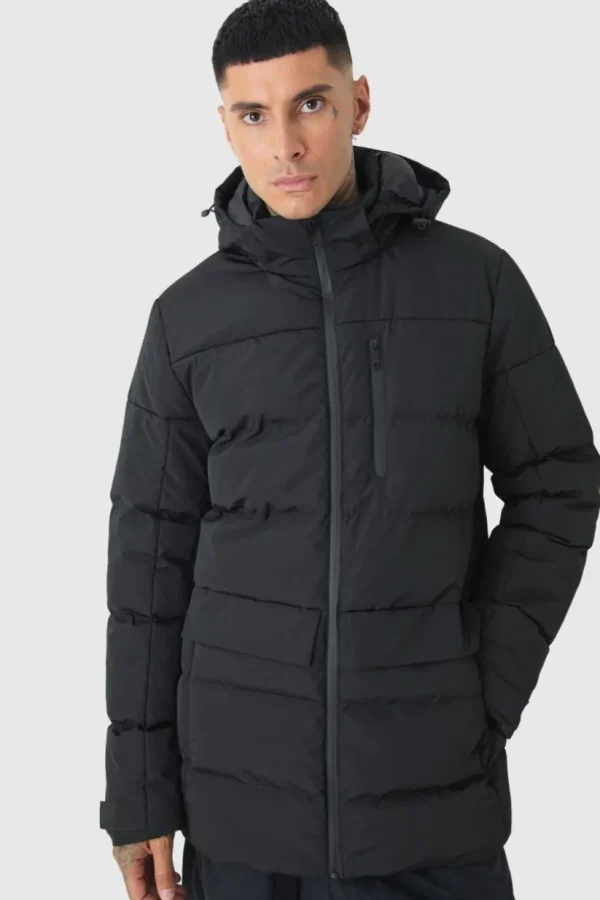 boohooMAN Tall Mid Length Hooded Puffer Jacket In | Man | Coats & Jackets