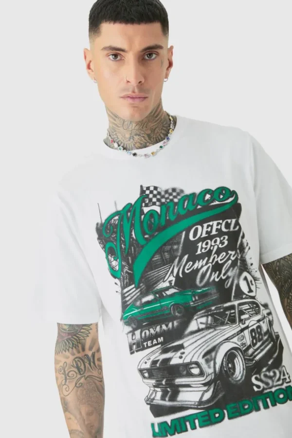 boohooMAN Tall Monaco Moto Print T-shirt | T-Shirts