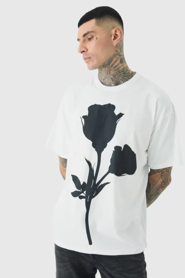 boohooMAN Tall Mono Placement Floral Printed T-shirt In | T-Shirts