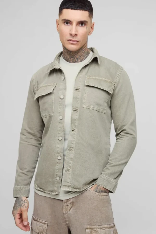 boohooMAN Tall Overdye Relaxed Fit Cargo Denim Overshirt | Denim | Going Out Denim