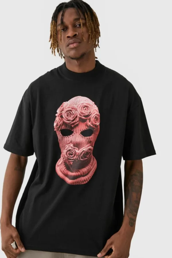 boohooMAN Tall Oversized Balaclava Floral Print T-shirt | T-Shirts