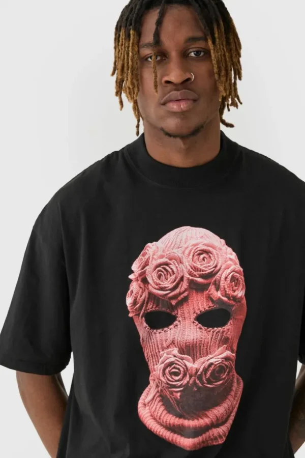 boohooMAN Tall Oversized Balaclava Floral Print T-shirt | T-Shirts