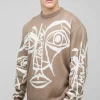 boohooMAN Tall Oversized Boxy Abstract Line Face Knitted Jumper | Knitwear | Going Out Knitwear