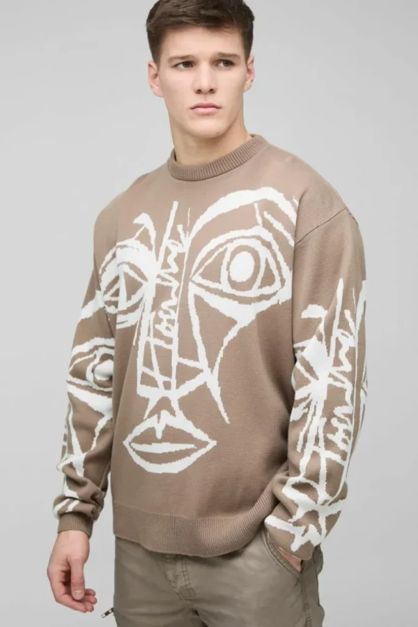 boohooMAN Tall Oversized Boxy Abstract Line Face Knitted Jumper | Knitwear | Going Out Knitwear