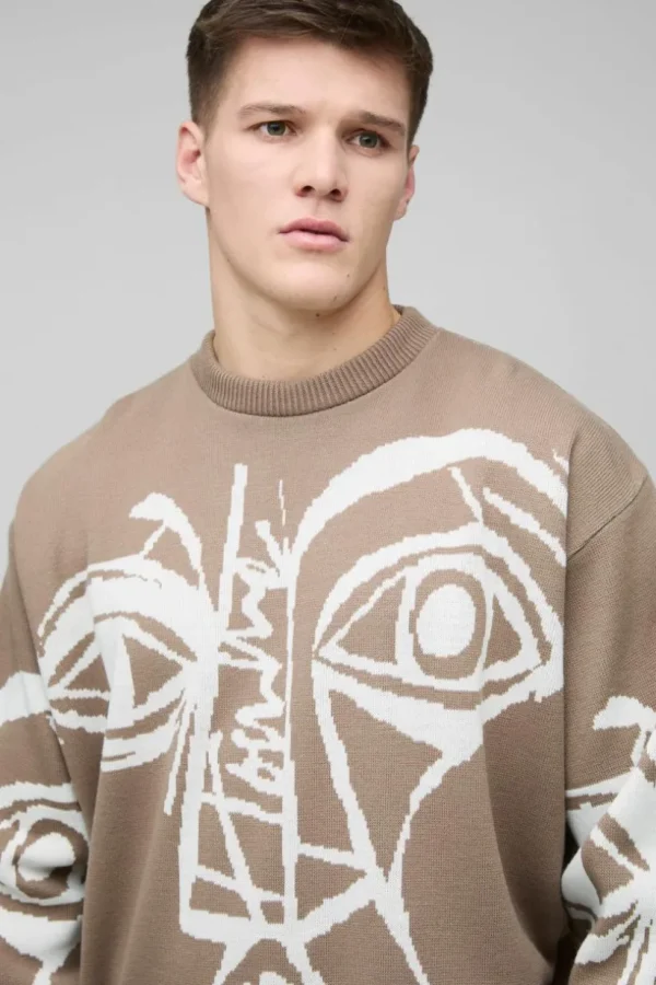 boohooMAN Tall Oversized Boxy Abstract Line Face Knitted Jumper | Knitwear | Going Out Knitwear