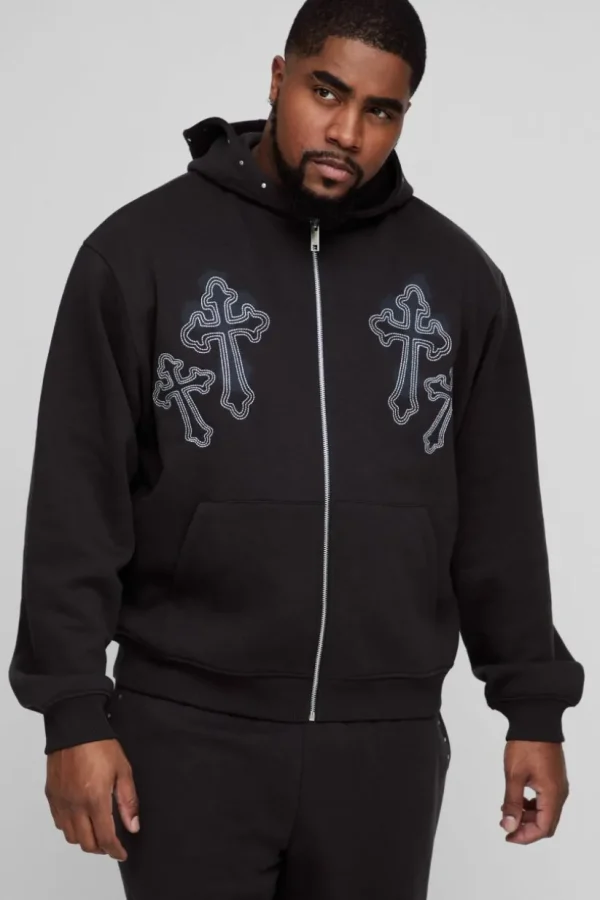 boohooMAN Tall Oversized Boxy Cross Embroidered Zip Through Hooded Tracksuit | Tracksuits