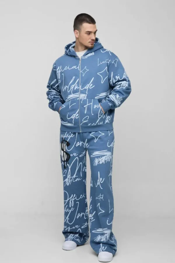 boohooMAN Tall Oversized Boxy Graffiti Hooded Wide Leg Tracksuit | Tracksuits