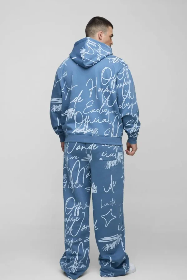 boohooMAN Tall Oversized Boxy Graffiti Hooded Wide Leg Tracksuit | Tracksuits