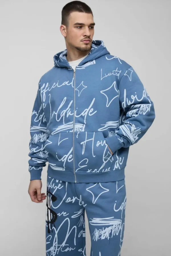 boohooMAN Tall Oversized Boxy Graffiti Hooded Wide Leg Tracksuit | Tracksuits