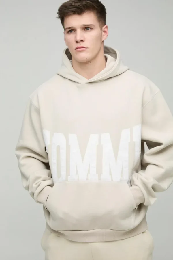 boohooMAN Tall Oversized Boxy Twill Applique Contrast Stitch Hoodie | Hoodies & Sweats