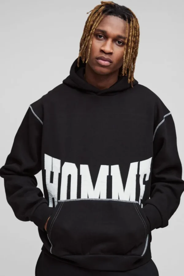 boohooMAN Tall Oversized Boxy Twill Applique Contrast Stitch Hoodie | Hoodies & Sweats