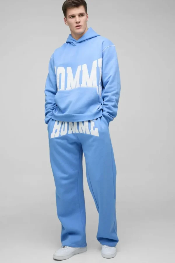 boohooMAN Tall Oversized Boxy Twill Applique Contrast Stitch Hooded Tracksuit | Tracksuits