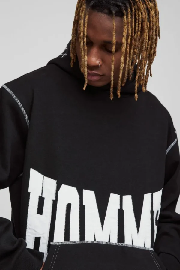 boohooMAN Tall Oversized Boxy Twill Applique Contrast Stitch Hoodie | Hoodies & Sweats