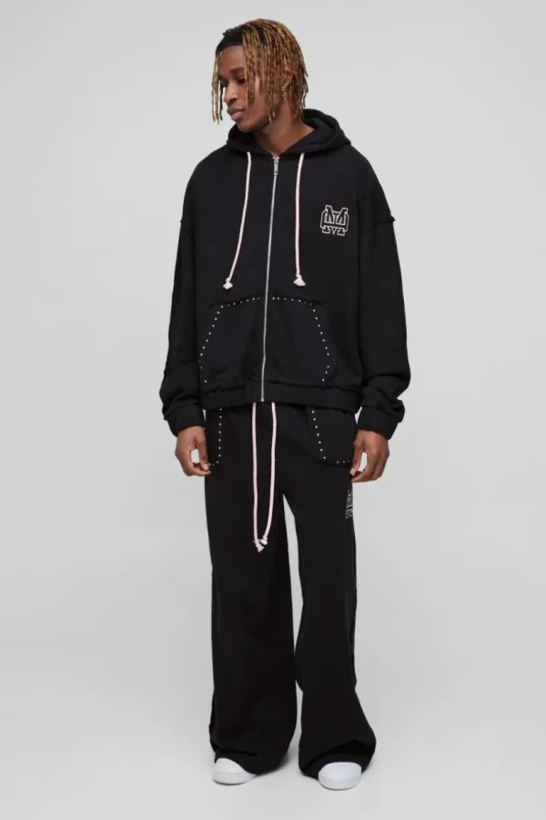 boohooMAN Tall Oversized Boxy Zip Thru Seam Detail Hooded Tracksuit | Tracksuits