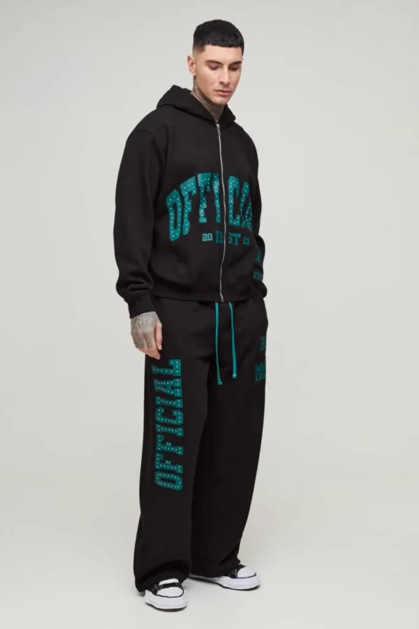 boohooMAN Tall Oversized Boxy Zip Thru Rhinestone Applique Hooded Tracksuit | Tracksuits