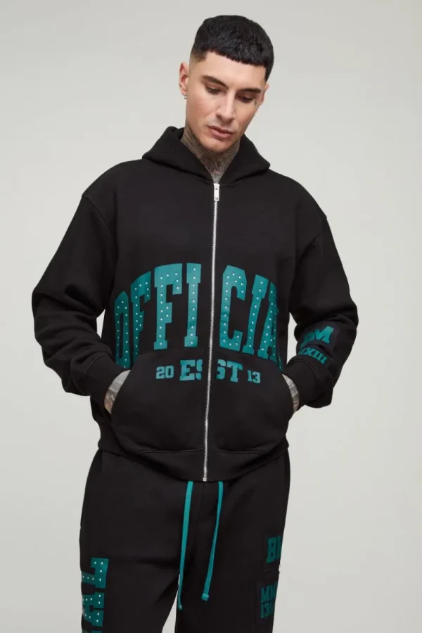 boohooMAN Tall Oversized Boxy Zip Thru Rhinestone Applique Hooded Tracksuit | Tracksuits