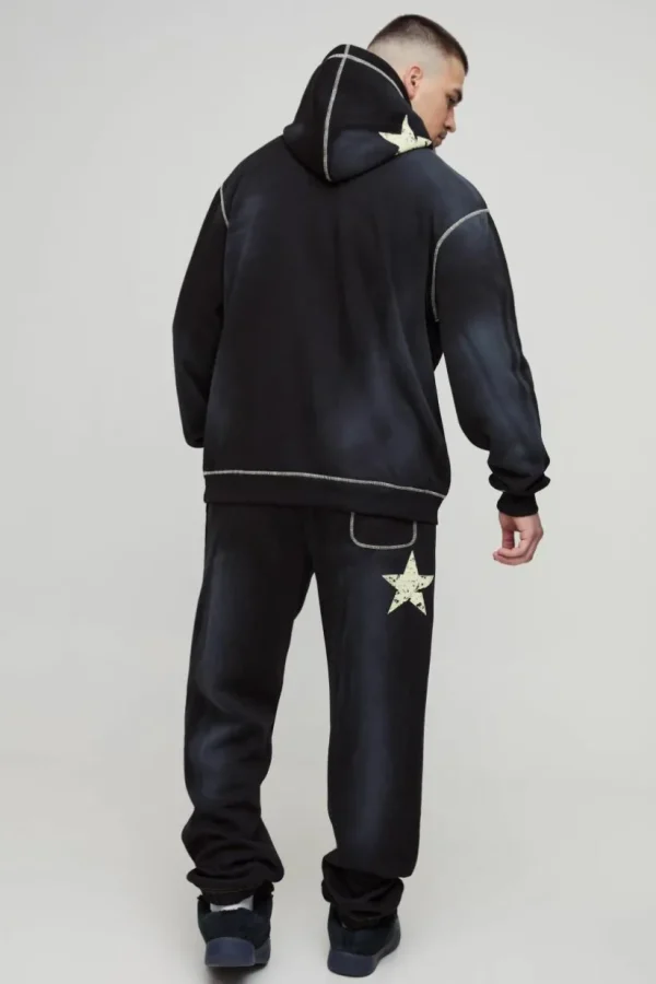 boohooMAN Tall Oversized Contrast Stitch Lmted Spray Wash Hooded Tracksuit | Tracksuits