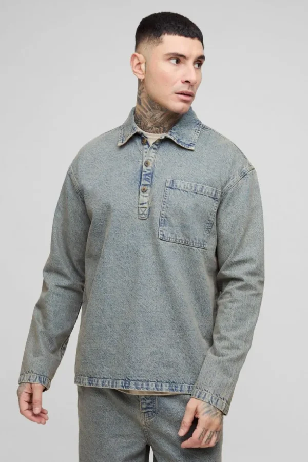 boohooMAN Tall Oversized Denim Rugby Shirt | Shirts | Going Out Shirts