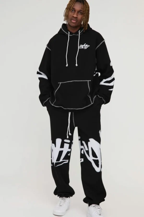 boohooMAN Tall Oversized Man Graffiti Rope Drawcord Hooded Tracksuit | Tracksuits