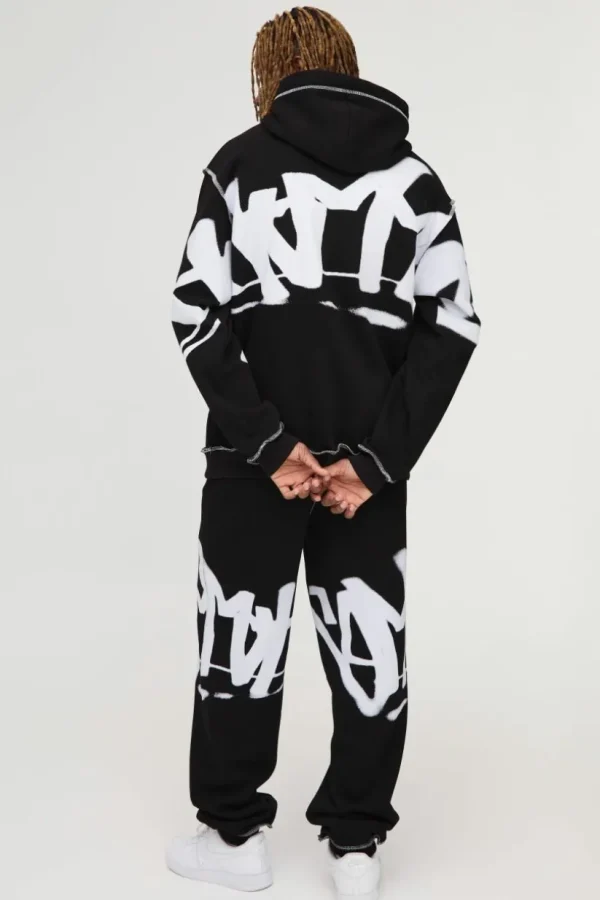 boohooMAN Tall Oversized Man Graffiti Rope Drawcord Hooded Tracksuit | Tracksuits