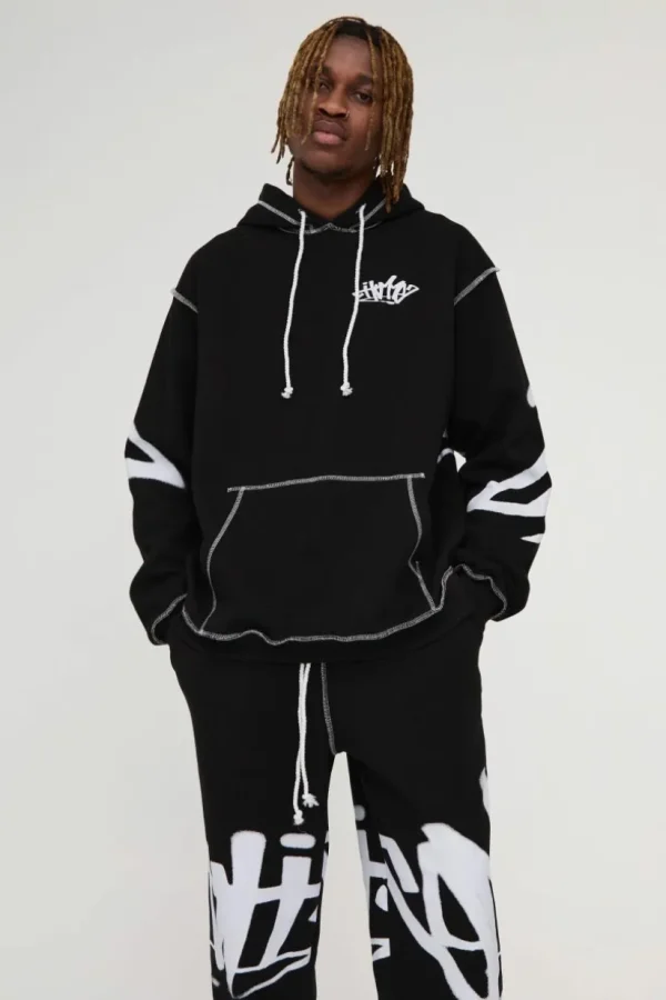 boohooMAN Tall Oversized Man Graffiti Rope Drawcord Hooded Tracksuit | Tracksuits