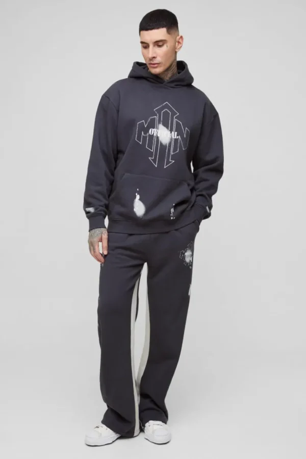 boohooMAN Tall Oversized Man Paint Splatter Hooded Relaxed Flare Tracksuit | Tracksuits