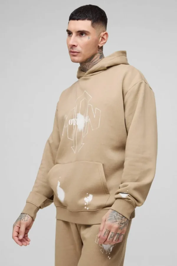 boohooMAN Tall Oversized Man Paint Splatter Hooded Relaxed Flare Tracksuit | Tracksuits