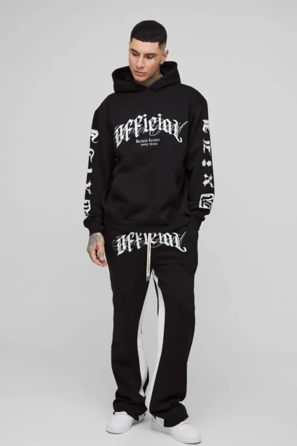 boohooMAN Tall Oversized Official Embroidery Hooded Relaxed Flare Tracksuit | Tracksuits