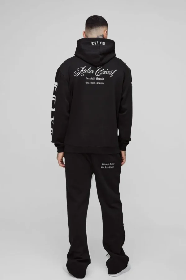 boohooMAN Tall Oversized Official Embroidery Hooded Relaxed Flare Tracksuit | Tracksuits