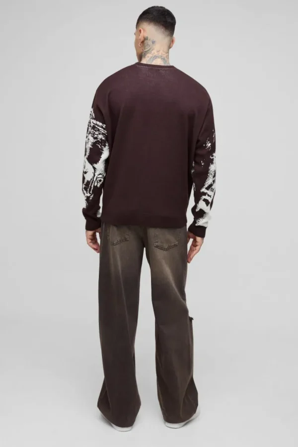 boohooMAN Tall Oversized Renaissance Face Knit Jumper | Knitwear | Going Out Knitwear