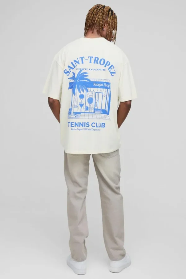 boohooMAN Tall Oversized Saint Tropez Print T-shirt | T-Shirts