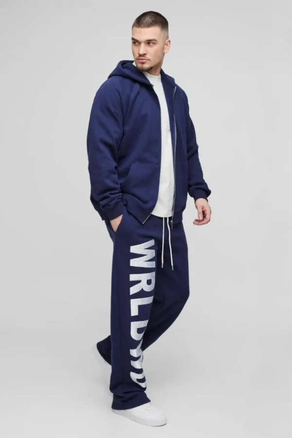 boohooMAN Tall Oversized Satin Applique WRLDWD Hooded Relaxed Jogger Tracksuit | Tracksuits