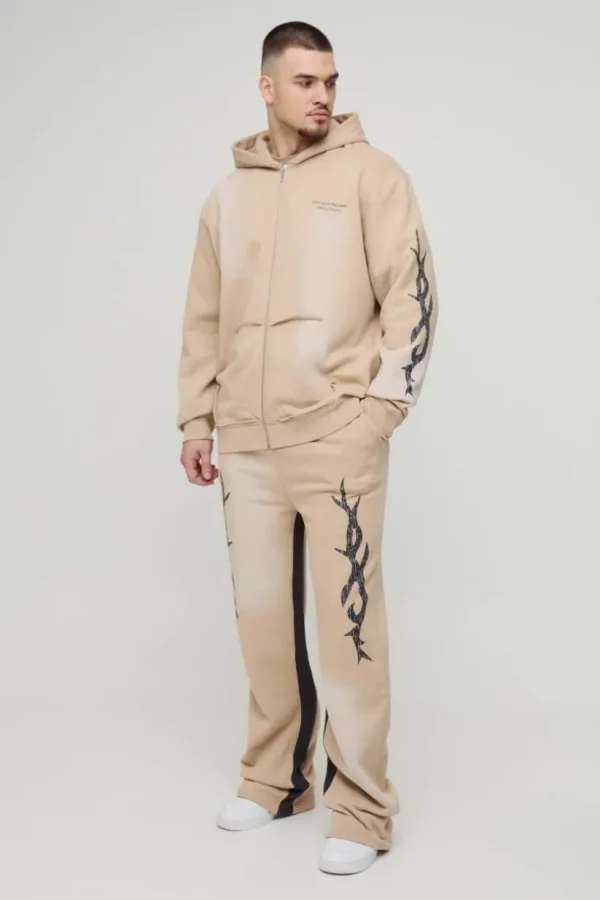 boohooMAN Tall Oversized Zip Thru Graphic Spray Wash Hooded Relaxed Flare Tracksuit | Tracksuits