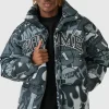 boohooMAN Tall Printed Funnel Neck Mesh Puffer Jacket In | Man | Coats & Jackets